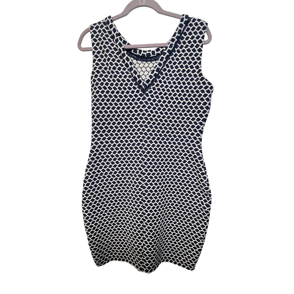 Reiss Alberto Navy Blue White Geometric Honeycomb Knit V-Neck Bodycon Dress 10